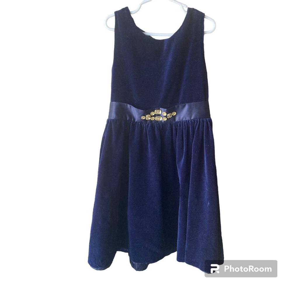 Gymboree Navy Blue Velvet Party Dress Size 8 w/ Satin Bow & Rhinestones